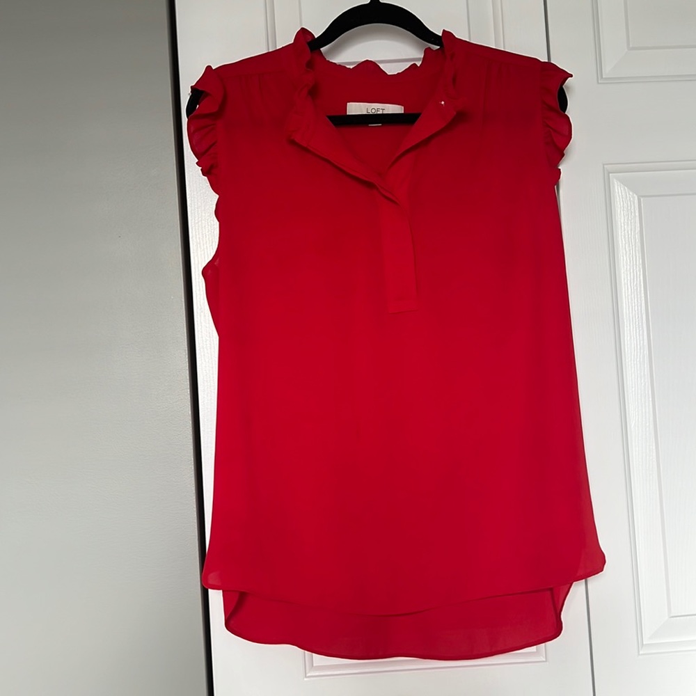 Loft red flutter tan top button front. Size L